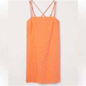 H&M Tangerine Orange Linen Blend Mini  Dress Crisscross Retro Size Medium NWT